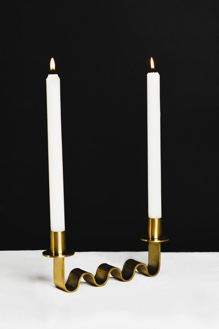 Nastro Wave Brushed Brass Double Taper Candle Holder