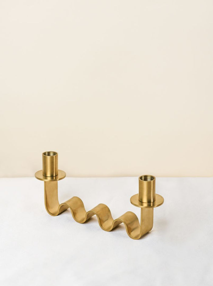 Nastro Wave Brushed Brass Double Taper Candle Holder
