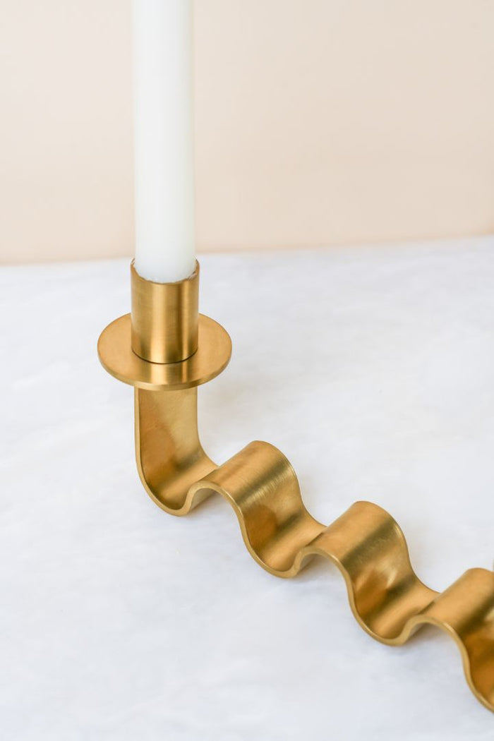 Nastro Wave Brushed Brass Double Taper Candle Holder