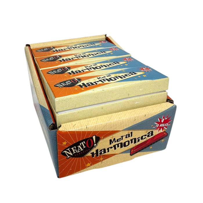 A display box holds multiple Neato! Metal Harmonica packages, each with vibrant vintage graphics and a 10-hole harmonica illustration.