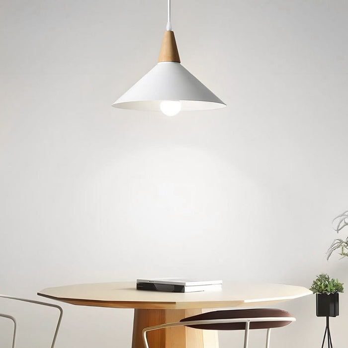 Nordic White Metal Cone Pendant Light with Rubberwood Top | NordaLight