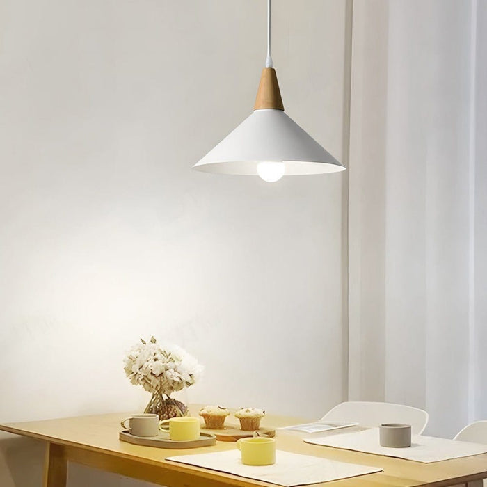 Nordic White Metal Cone Pendant Light with Rubberwood Top | NordaLight