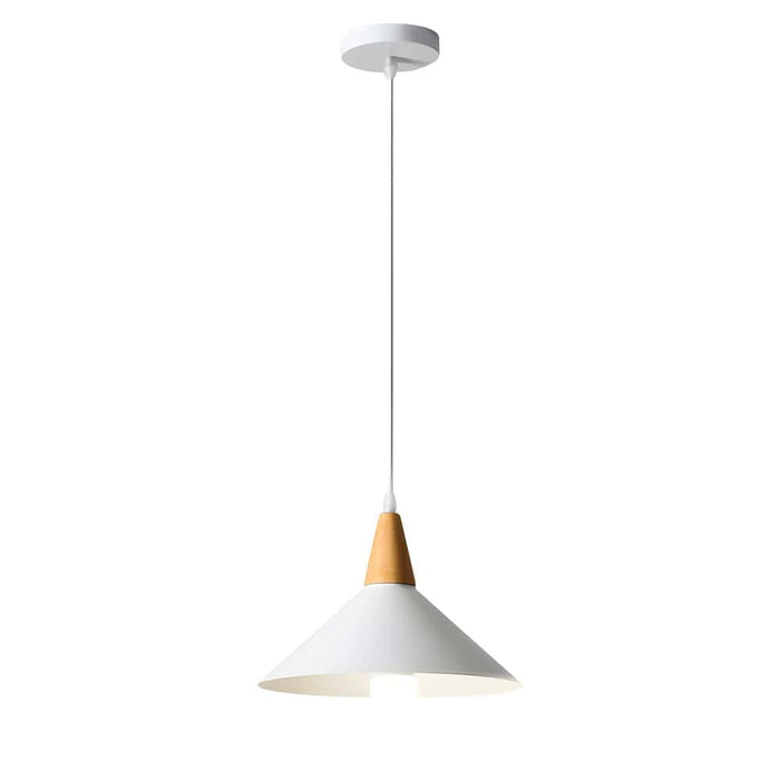 Nordic White Metal Cone Pendant Light with Rubberwood Top | NordaLight