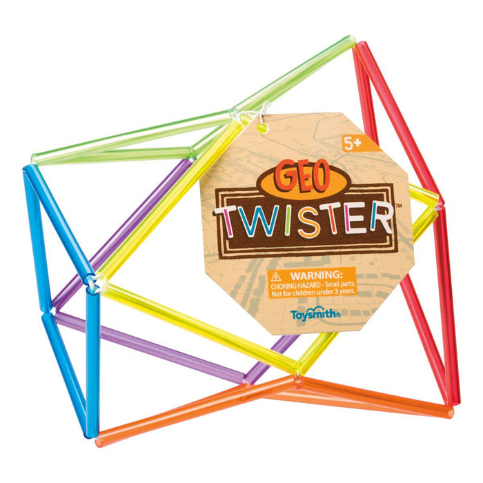 The On the Way Games Geo Twister by On the Way Games is shown assembled into a vibrant geometric shape with a tag that says GEO TWISTER and a warning about small parts, making it perfect for sensory play and stress relief.