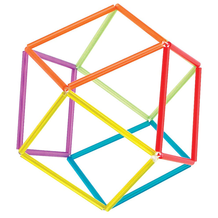The On the Way Games Geo Twister by On the Way Games is a wireframe cube made of colorful plastic straws, each edge in red, yellow, green, blue, or purple—serving as a geometric fidget toy for sensory play on a white background.