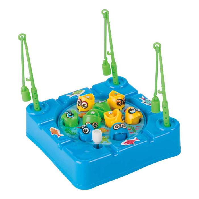The On the Way Games Gone Fishin' Travel Game by On the Way Games is a blue plastic set with four green fishing rods and colorful yellow and blue fish on a rotating aquatic-themed base—perfect for fun on the go.