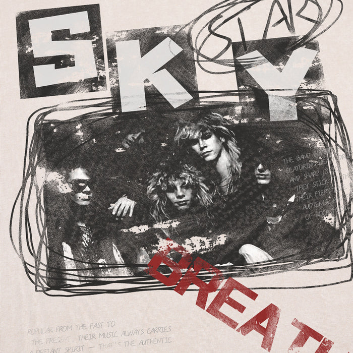 Close-up of SKY and band graphic on the front of the T-shirt