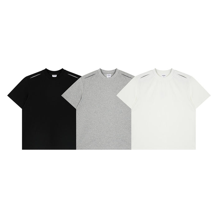 Men's oversized crewneck t-shirt with houndstooth shoulder stitch detail in black, grey, and off-white
