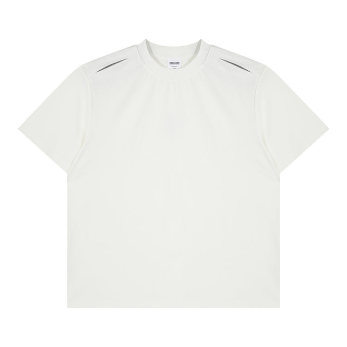 Oversized white crewneck T-shirt with short sleeves and subtle shoulder stitch detail on a clean flat lay background