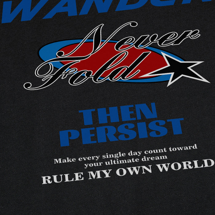 Close-up of front graphic reading Never Fold with star and red blue oval detail