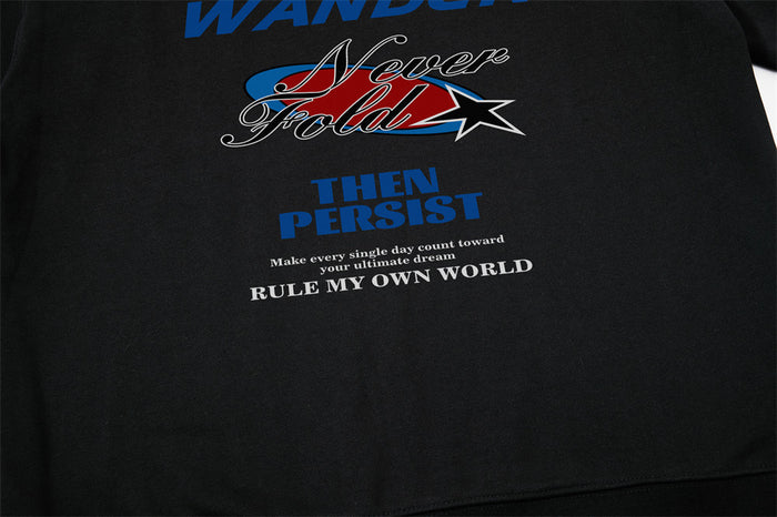 Front sweatshirt graphic centered on black fabric with Wander Never Fold slogan text