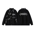 Black oversized varsity jacket with stitched cat graphic, star embroidery, distressed plaid patchwork collar and AHDANM back