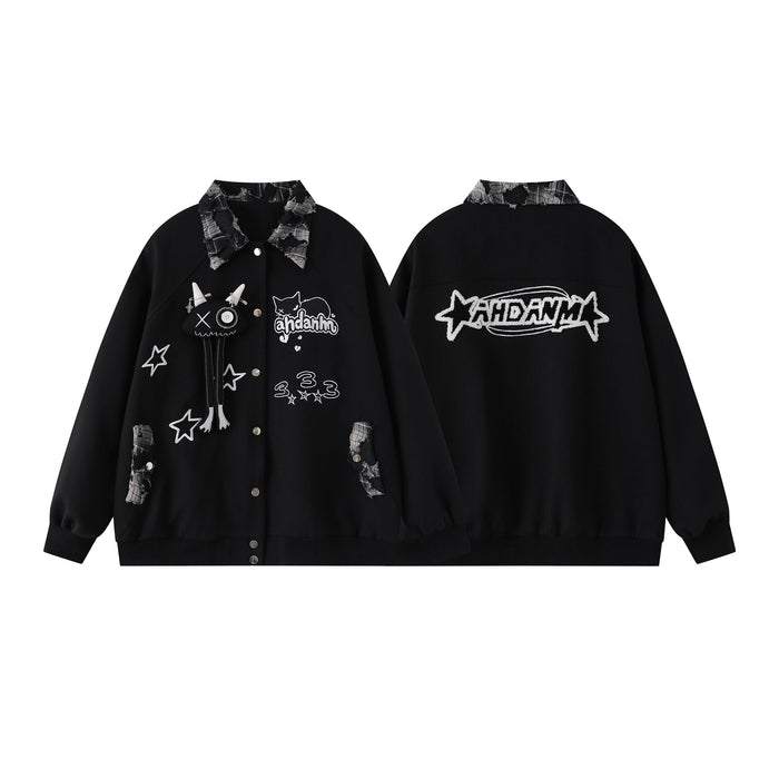 Black oversized varsity jacket with stitched cat graphic, star embroidery, distressed plaid patchwork collar and AHDANM back