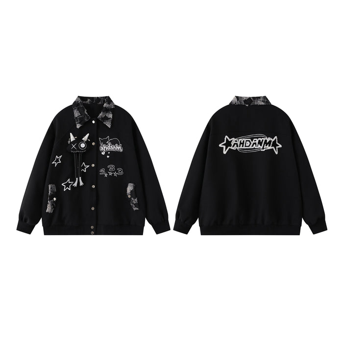 Black varsity jacket with patchwork plaid collar, cat and star embroidery, front and back view