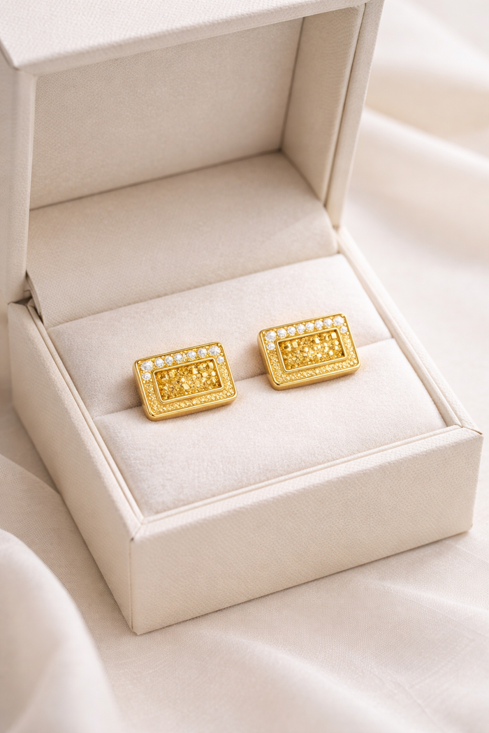 "Pixel Perfect Mismatched Camera Studs – Gold Plated & Enamel"