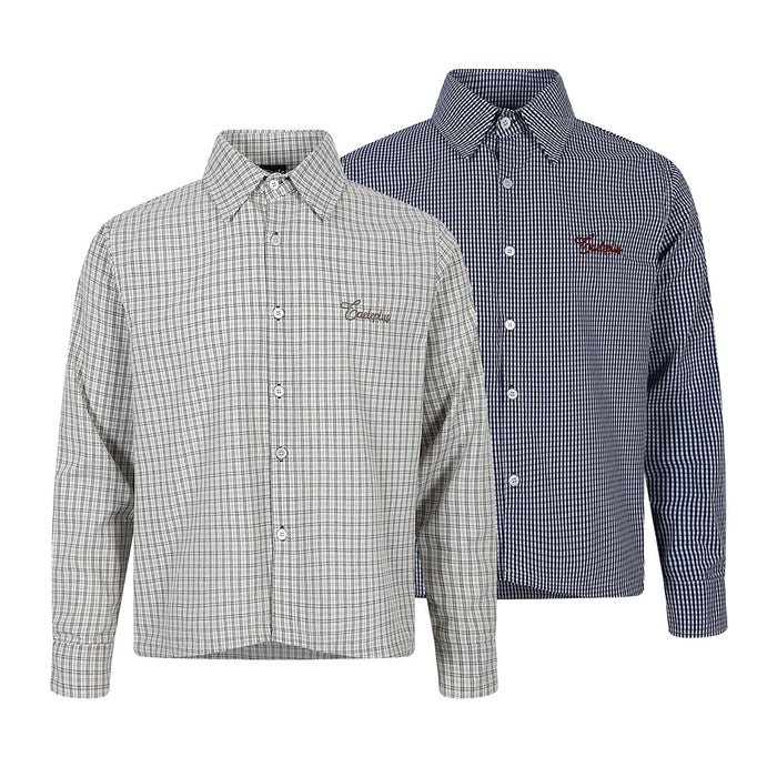 Two plaid long-sleeve button-up shirts in light gray and navy, front view