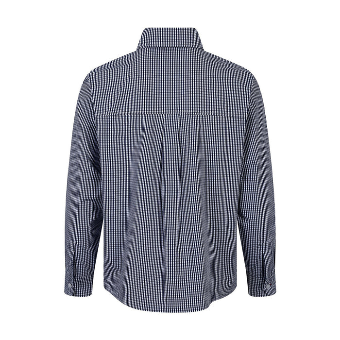Navy plaid long-sleeve button-up shirt, back view