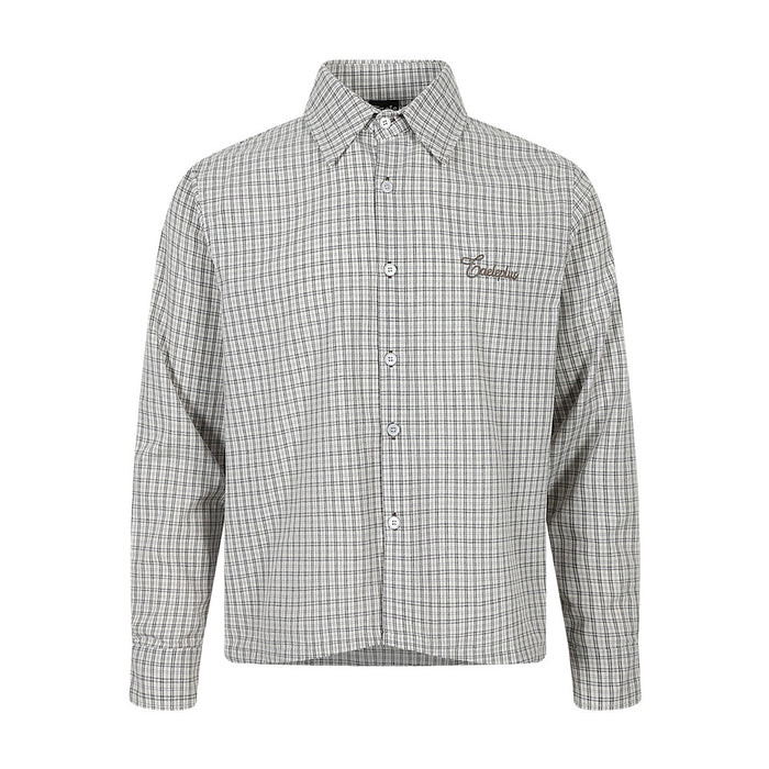 Light gray plaid long-sleeve button-up shirt, front view