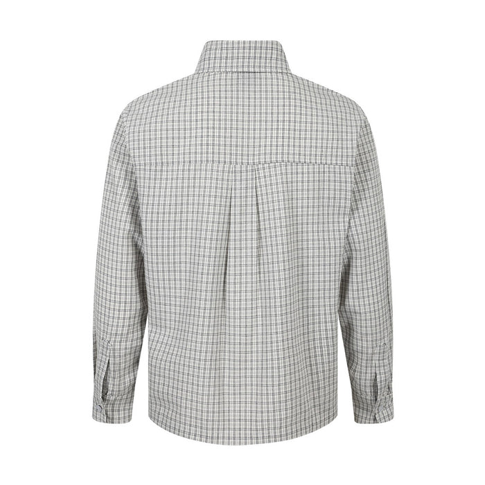Light gray plaid long-sleeve button-up shirt, back view