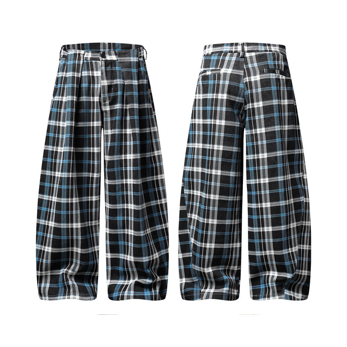 Men's black and blue plaid wide-leg trousers with double front pleats and oversized baggy fit