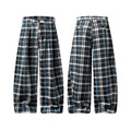 Men's black and blue plaid wide-leg trousers with double front pleats and oversized baggy fit