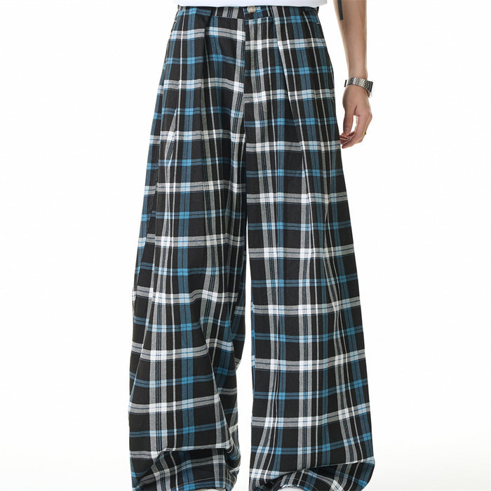 Front view of black plaid wide-leg trousers with blue and white stripes