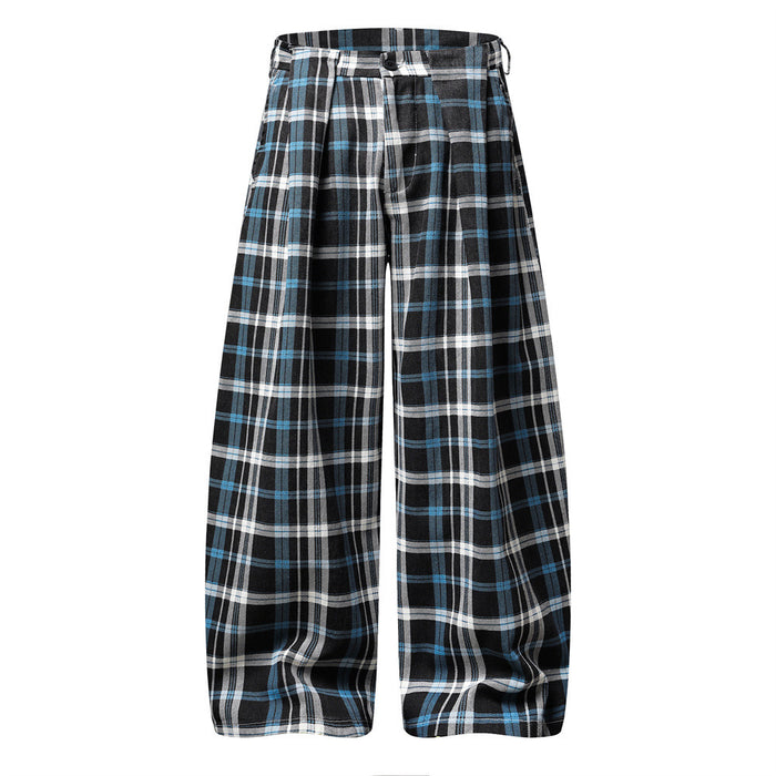 Full front view of black plaid wide-leg trousers with double pleats