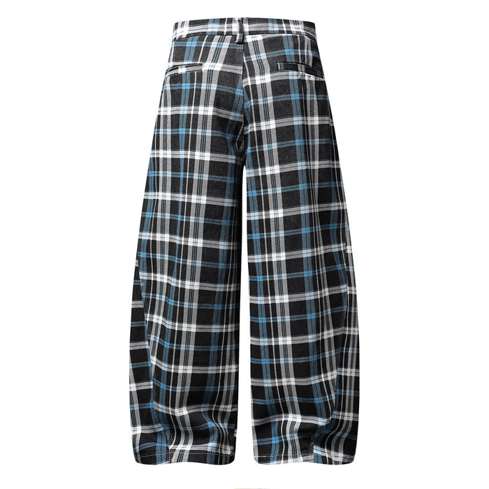 Back view of black plaid wide-leg trousers with welt pocket details