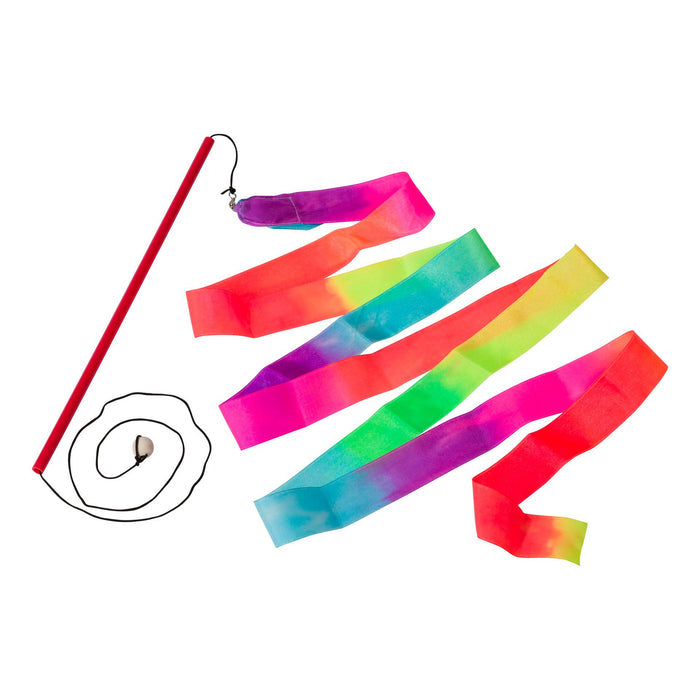 The Playground Classics Rainbow Stunt Streamer by Playground Classics features a red stick, black string, and a vibrant rainbow-patterned ribbon—perfect for creative movement and outdoor play—displayed on a white background.
