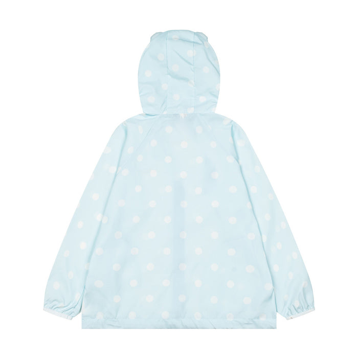 Light blue polka dot hooded windbreaker jacket shown from the back
