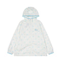 White polka dot hooded windbreaker jacket with zipper, front view