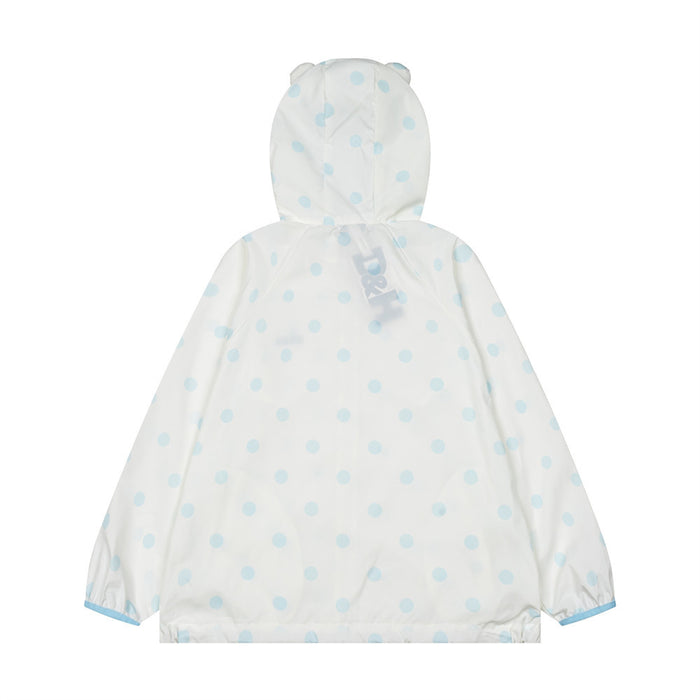 White polka dot hooded windbreaker jacket shown from the back