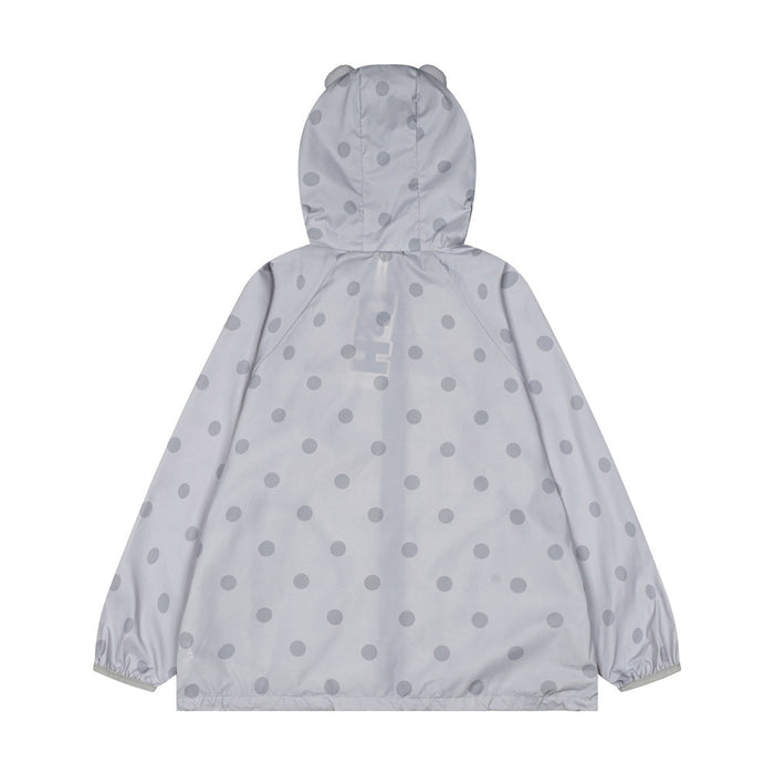 Gray polka dot hooded windbreaker jacket shown from the back