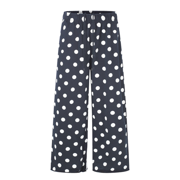 Wide-leg polka dot pants with elastic drawstring waist in navy blue with white dots