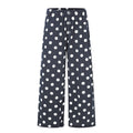 Wide-leg polka dot pants with elastic drawstring waist in navy blue with white dots
