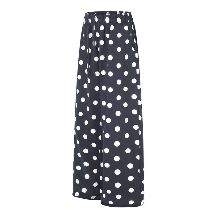 Navy wide-leg polka dot pants, front view with elastic waistband