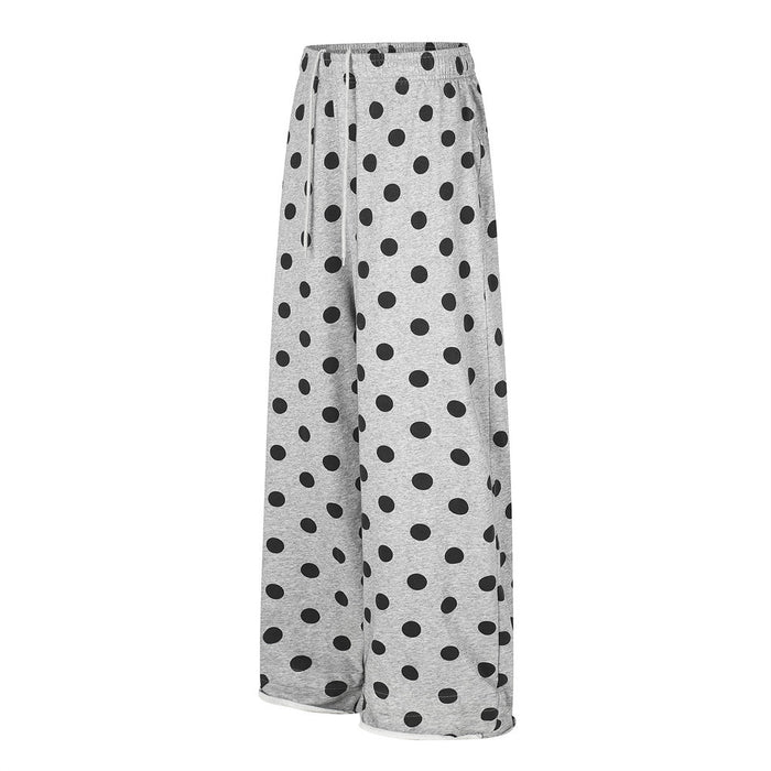 Gray polka dot wide-leg pants, angled side view