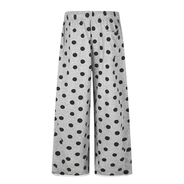 Gray wide-leg polka dot pants, back view with elastic waistband