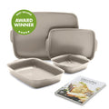 Ceramic nonstick ovenware set, taupe, 4 pieces with included cookbook and a visible award winner badge.