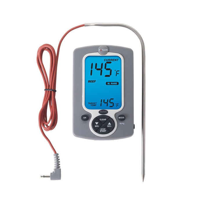 Preset wired probe thermometer with gray body and blue display showing 145°F beef and long metal probe.