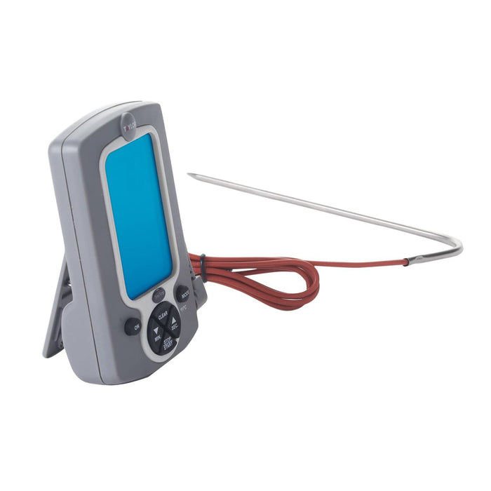 Preset wired probe thermometer shown at an angle with blue display and long red sensor cable.