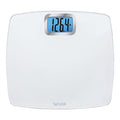 Front view of a white digital bathroom scale with a blue backlit display showing 126.4 lb