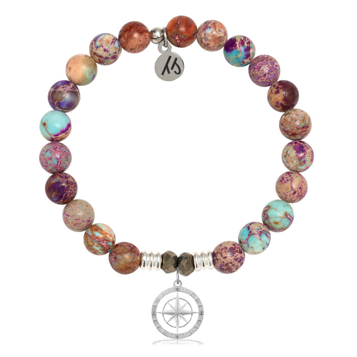 Purple Jasper Stone Bracelet with Compass Rose Sterling Silver Charm