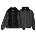 Front and back view of a washed grey quilted denim bomber jacket with black sherpa collar, zip closure, and ribbed cuffs