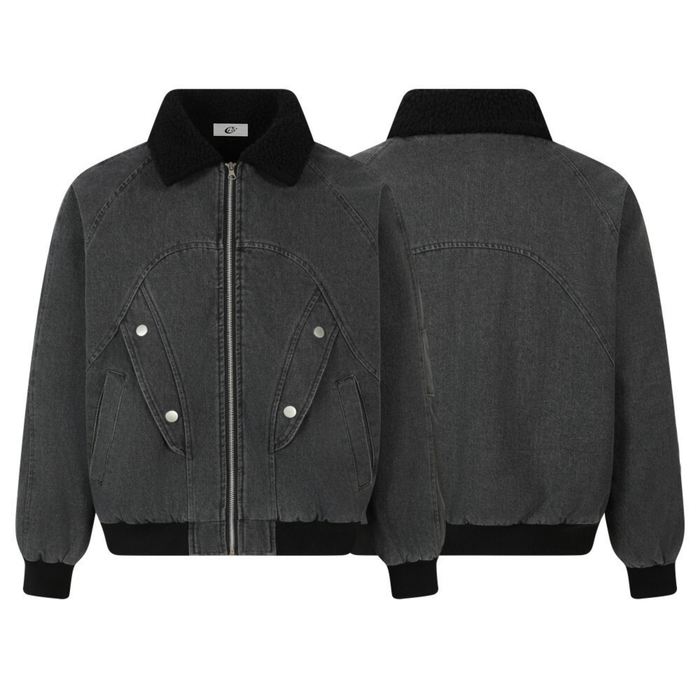 Front and back view of a charcoal denim bomber jacket with black sherpa collar
