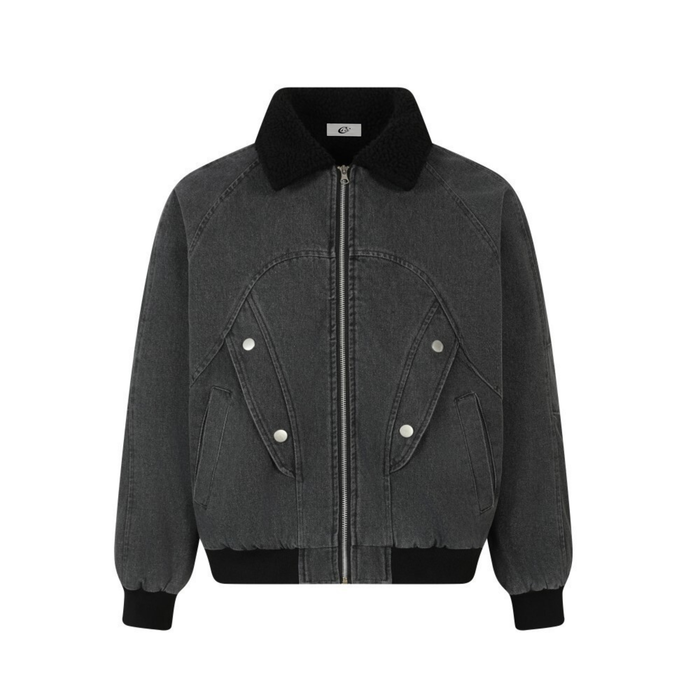 Front view of a charcoal denim bomber jacket with zipper and flap pockets