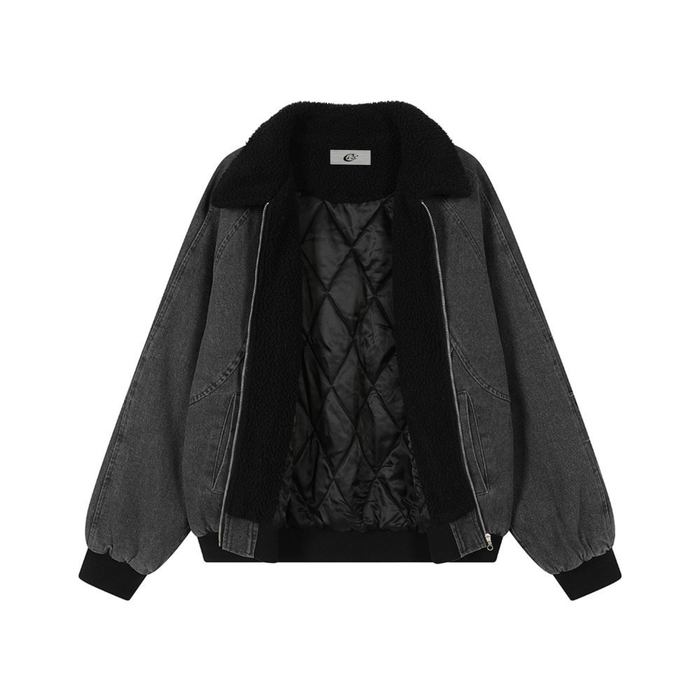 Open charcoal denim bomber jacket showing black quilted lining and sherpa collar