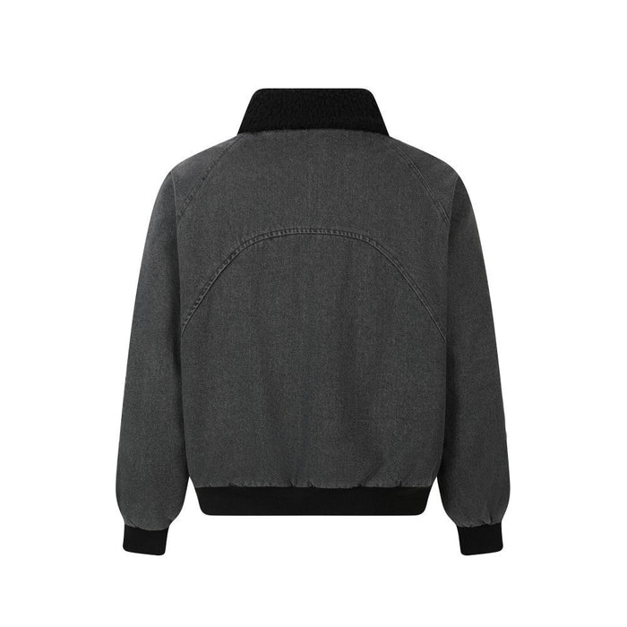Back view of a charcoal denim bomber jacket with black collar and ribbed hem