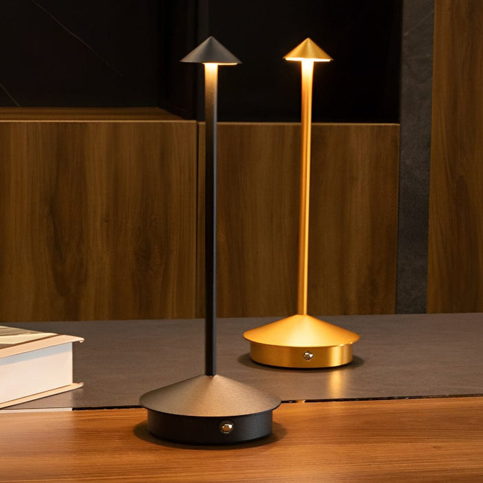 Rechargeable Mushroom Table Lamp Slim Aluminum Pina Cordless Touch Stepless Dimming 12H Black or Gold | NordaLight