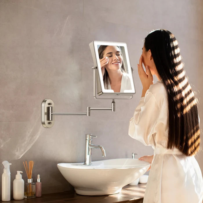 Funtouch champagne gold square wall-mounted LED makeup mirror with double-sided 1x/10x magnification, telescoping design for bathroom.